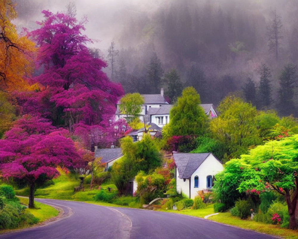 Vibrant trees and quaint houses on rural road through misty forest