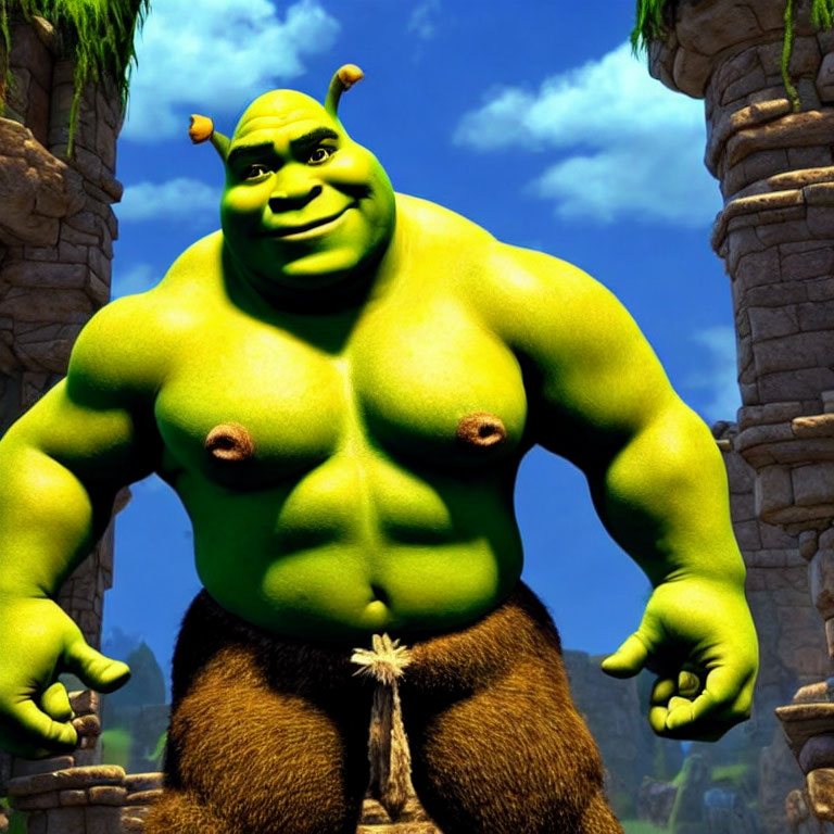 Muscular Green Animated Ogre Character with Horns in Stone Pillar Setting