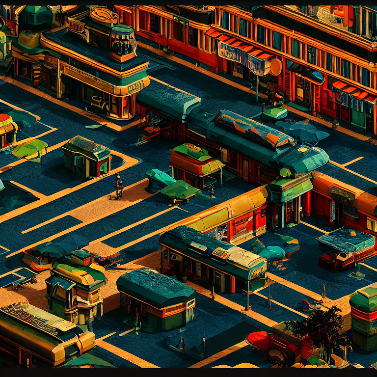 Vibrant isometric cityscape illustration with retro-futuristic elements