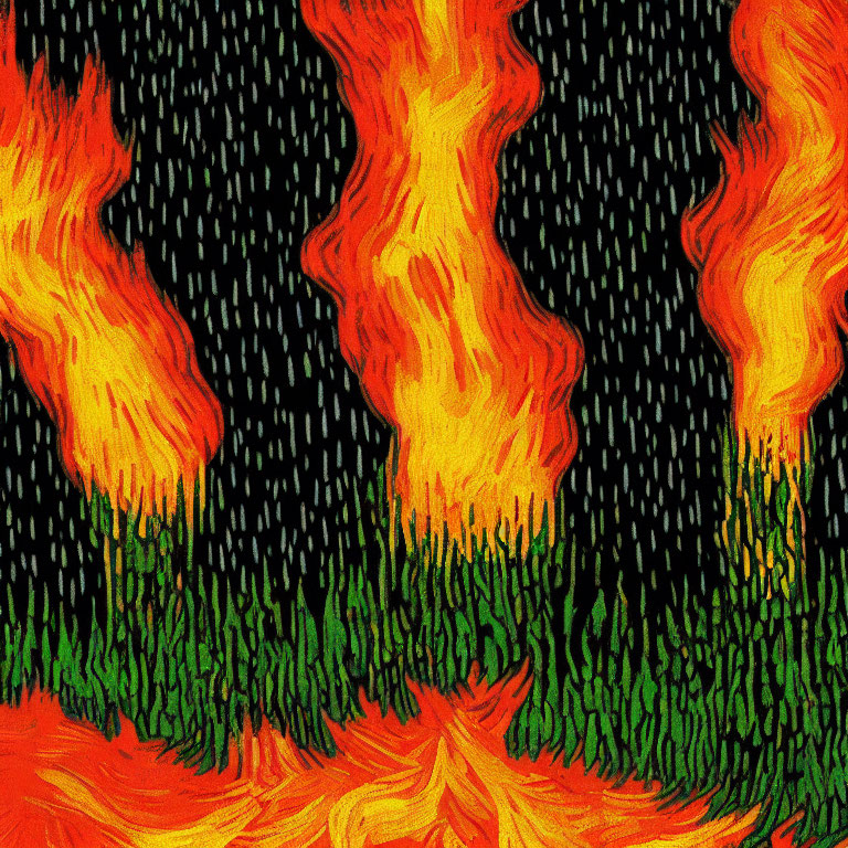 Vibrant Expressionist Painting of Fiery Flames and Greenery