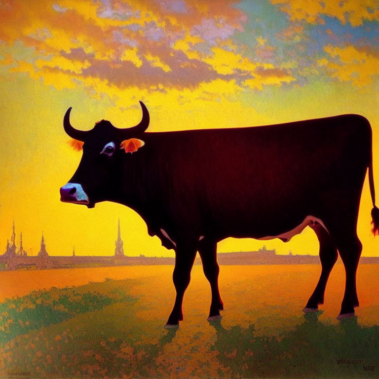 Silhouette of cow against vibrant sunset sky with colorful clouds