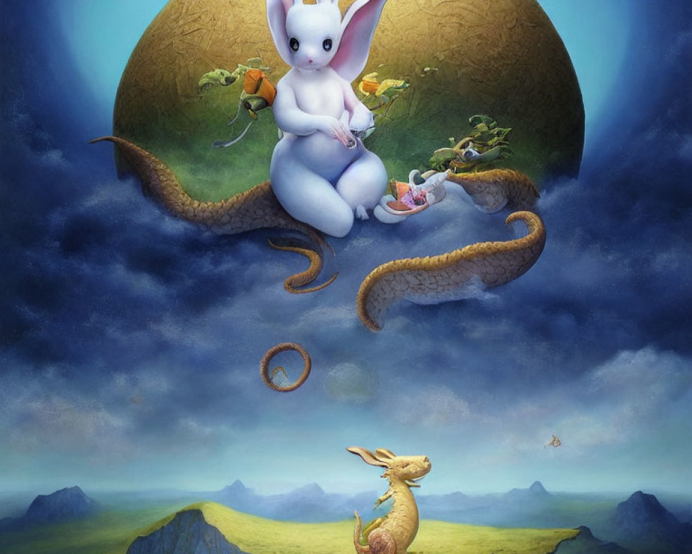 Whimsical large white rabbit with smaller rabbit on golden snail above mountainous landscape