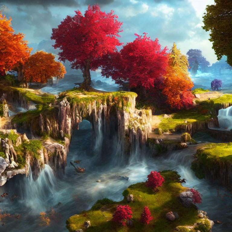 Fantastical landscape with red-leaved trees, waterfalls, and serene river