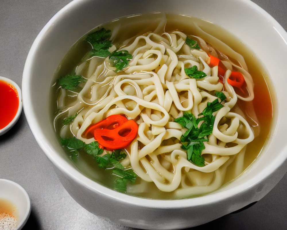 Bowl of Noodle Soup with Fresh Herbs and Chili on Dark Surface