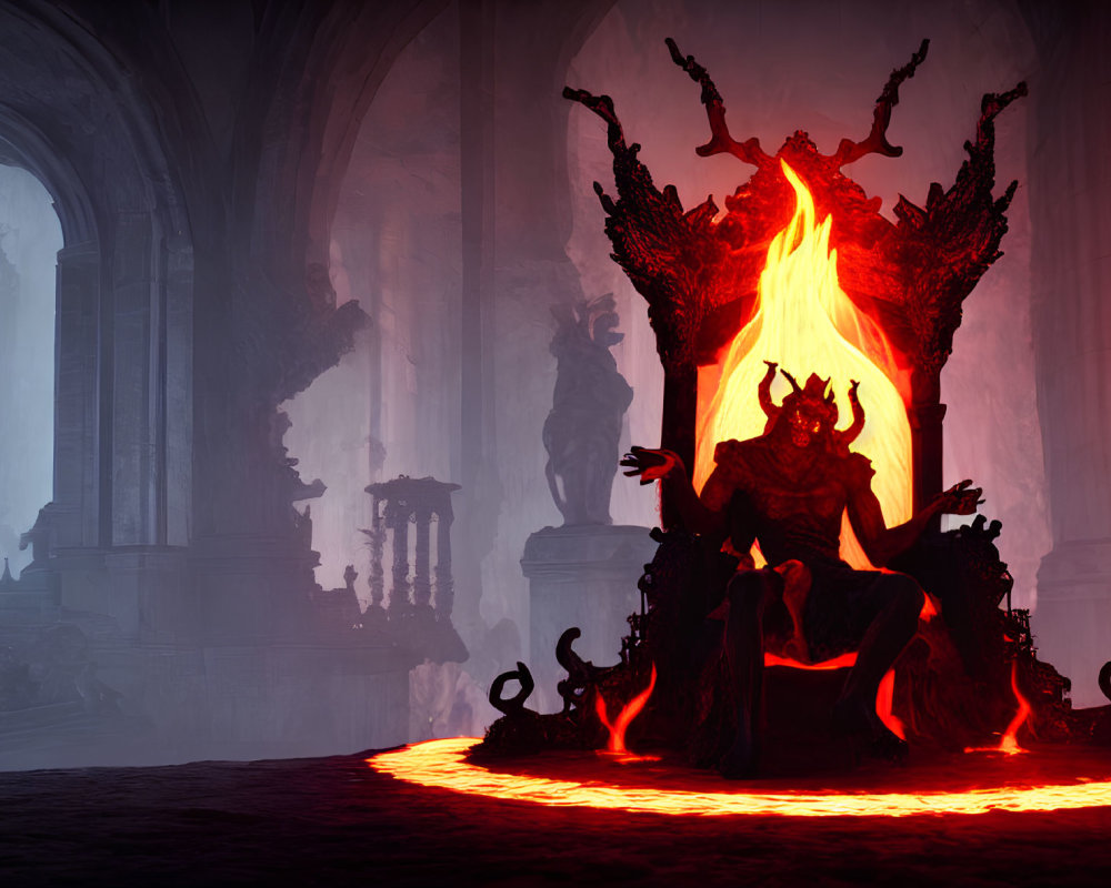 Large Horned Figure on Fiery Throne in Gothic Chamber