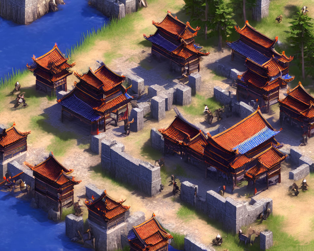 Traditional East Asian architecture in vibrant strategy game scene
