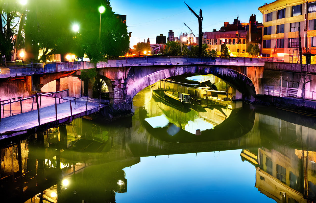 Cityscape: Illuminated Bridge Over Calm River at Dusk