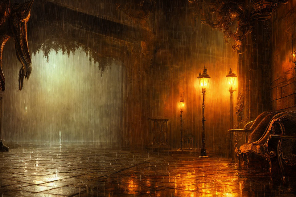 Fantasy-themed room with lamp posts, dragon silhouette, and gothic architecture in heavy rain