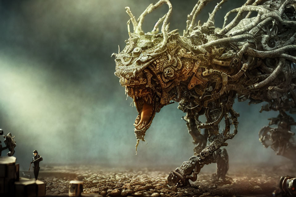 Intricate mechanical beast faces tiny human in misty rocky landscape