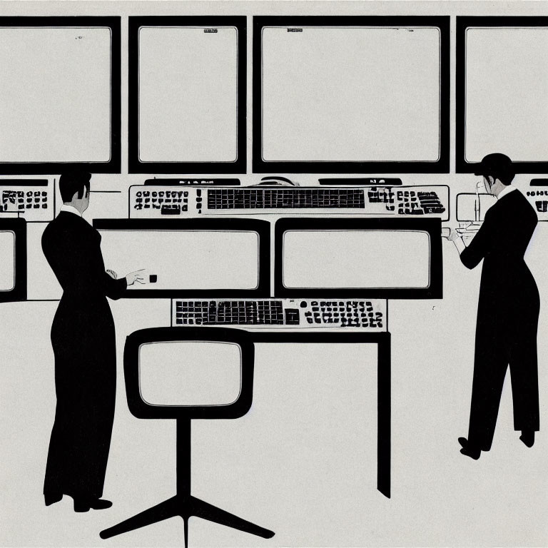 Silhouetted figures with vintage computer panels and screens in monochromatic scene