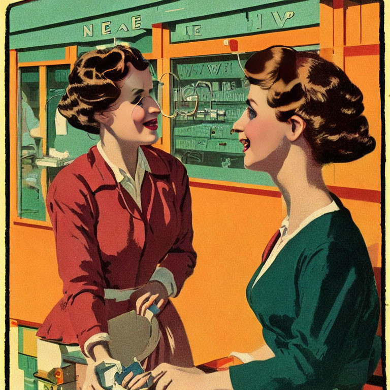 Vintage-attired women chatting near a colorful storefront