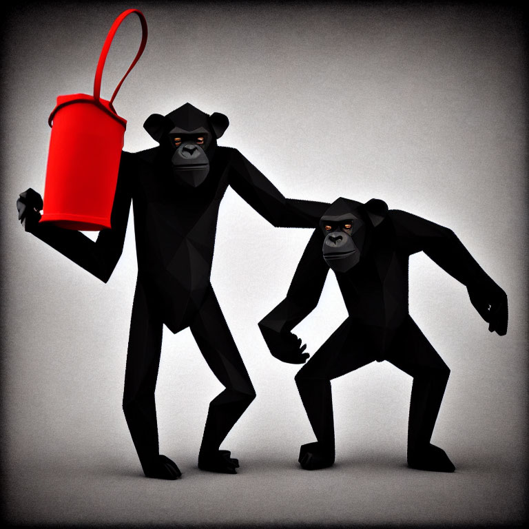 Two gorillas in aggressive poses with red bucket illustration.