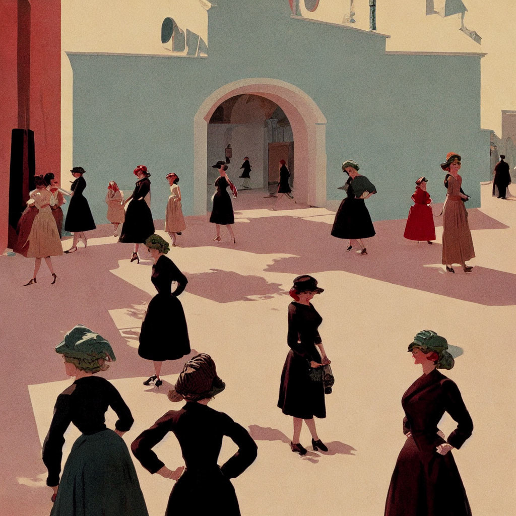 Elegantly dressed women walking in plaza with pastel buildings