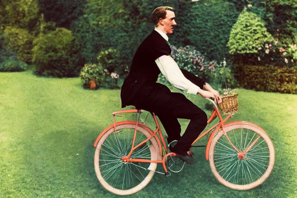 Colorized vintage photo: Man in suit on red bicycle in lush green setting