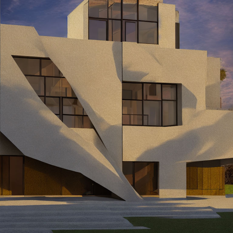 Architectural marvel: geometric facade, angular designs, large glass windows at twilight.