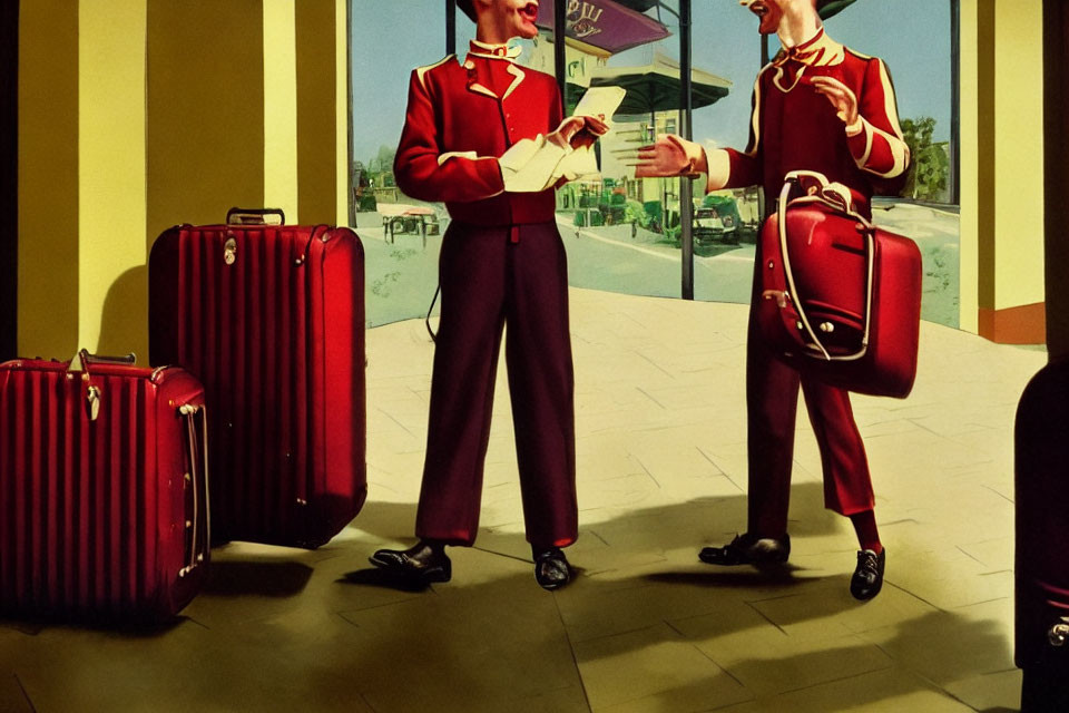 Red Uniform Bellhops Exchanging Notes by Stacked Luggage in Classic Hotel