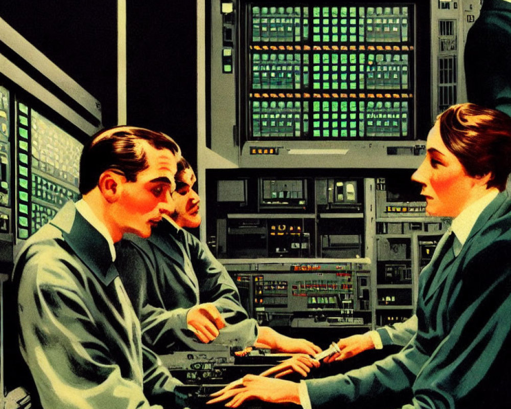Vintage Computer Room Illustration with Four Individuals