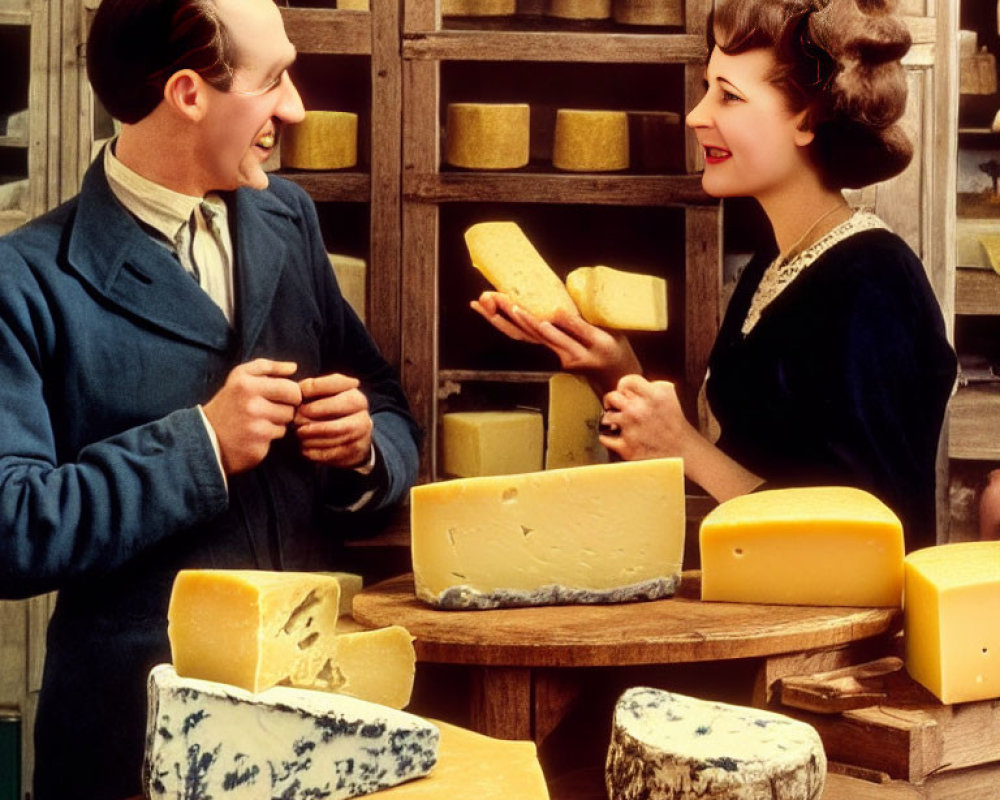 Vintage-dressed man and woman chat over cheese at wooden counter