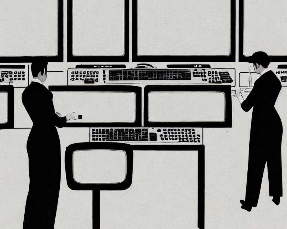 Silhouetted figures with vintage computer panels and screens in monochromatic scene
