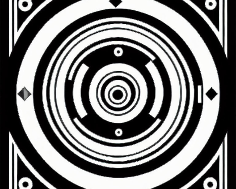 Monochrome concentric circles pattern with geometric designs and diamond shapes