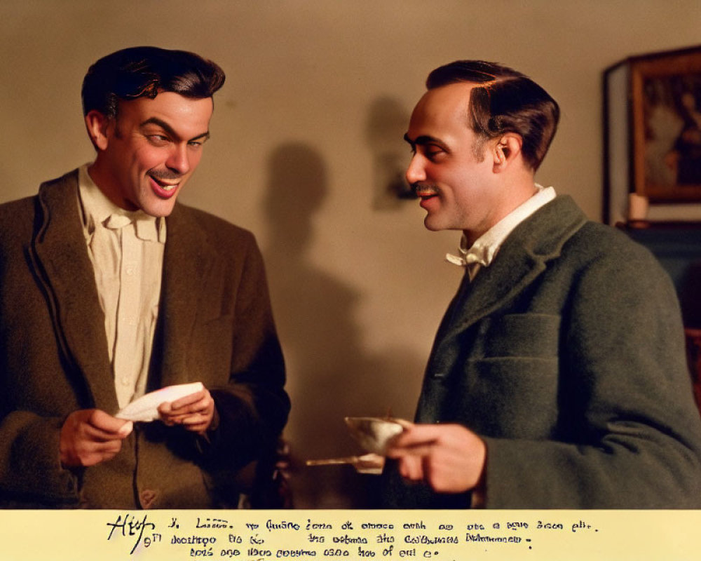 Two men in vintage attire sharing a humorous moment with a note.