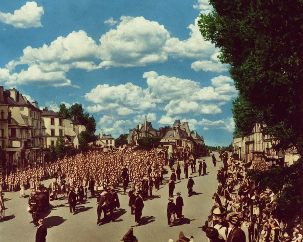 Military soldiers marching down tree-lined street with buildings under clear sky
