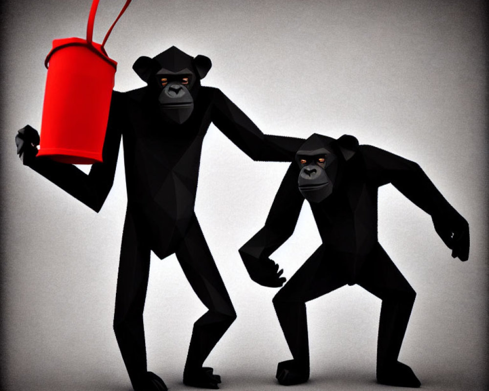Two gorillas in aggressive poses with red bucket illustration.