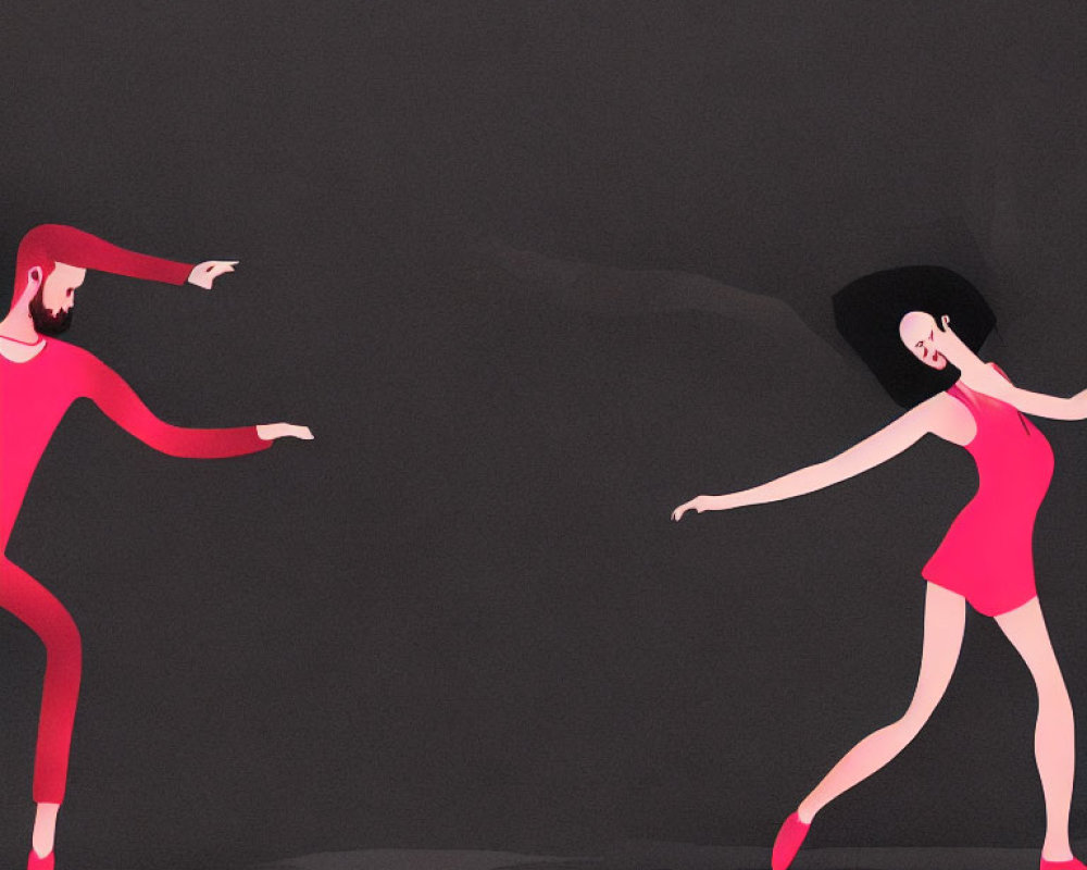 Stylized red figures in dynamic poses on dark background