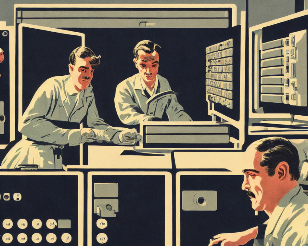 Vintage illustration of men working with early computer equipment