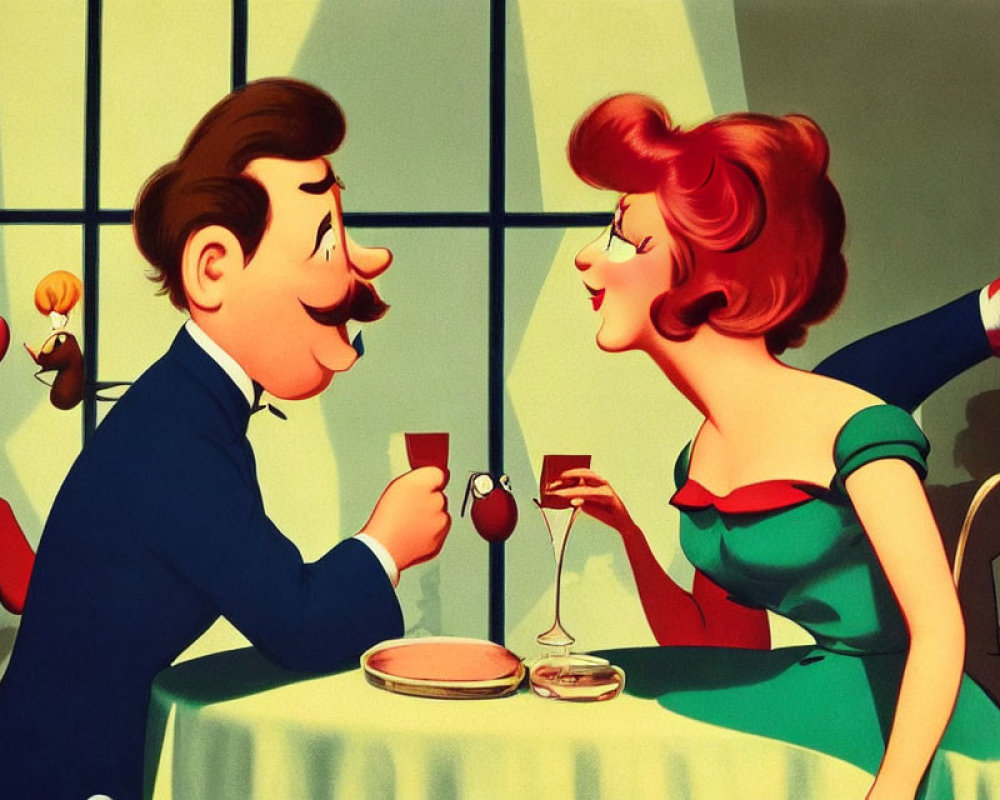 Man with Mustache and Woman Smiling at Dinner Table with Red Character