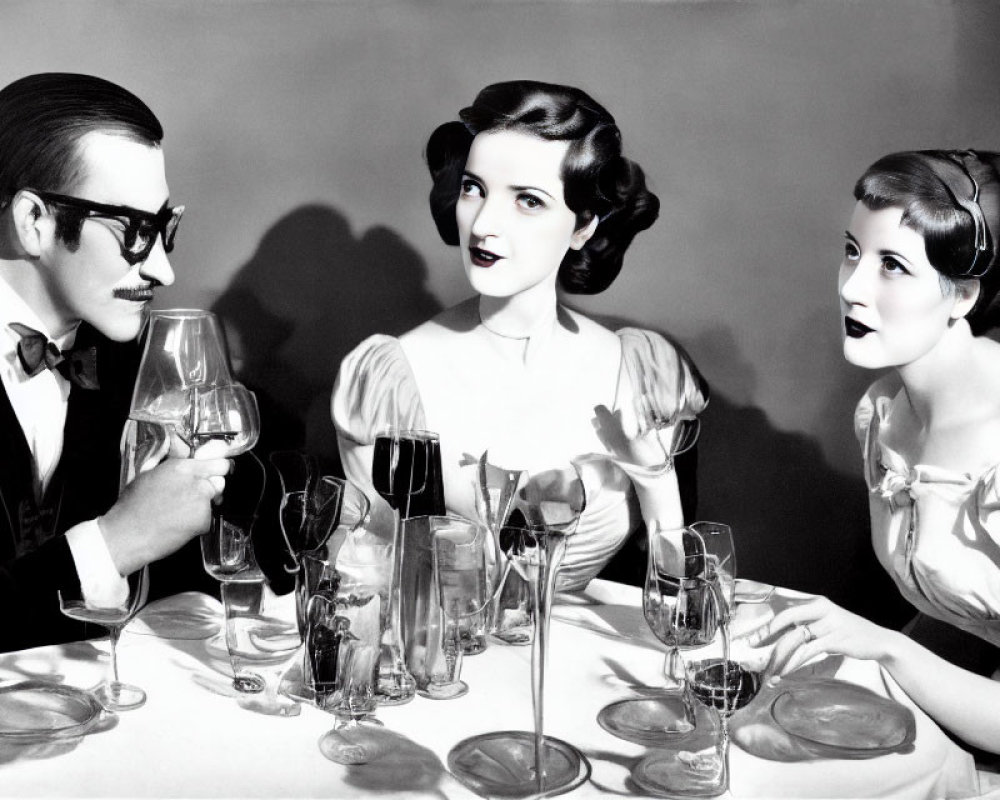 Vintage Attired Trio Conversing at Table with Glasses