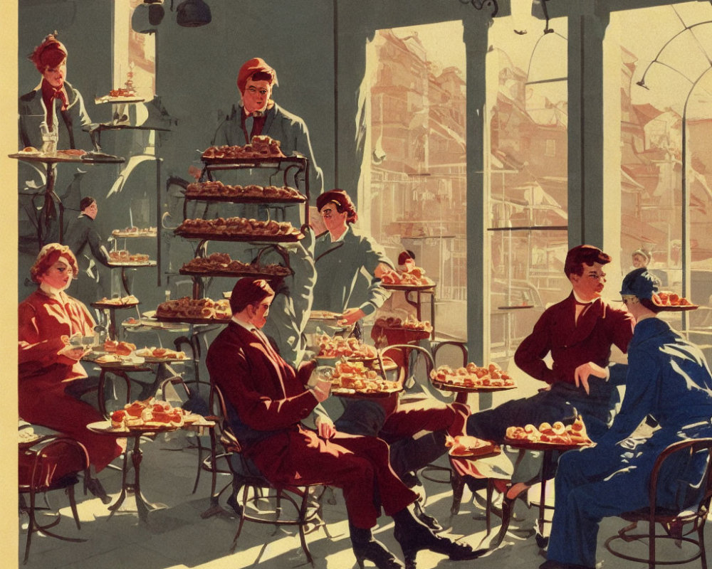 Illustration of People in Uniforms at Bakery with Pastries