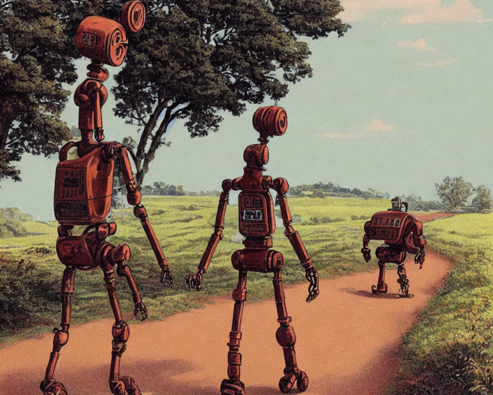 Vintage-Style Robots Walking in Countryside Landscape