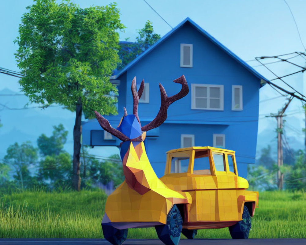 Colorful low-poly image of yellow car with blue moose sculpture parked by roadside