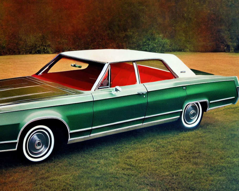 Vintage Green Four-Door Sedan with White Roof and Red Interior on Grass