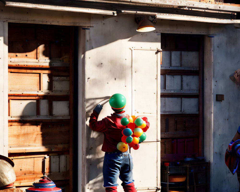 Colorful Outfit Person Holding Balloons by Vintage Building