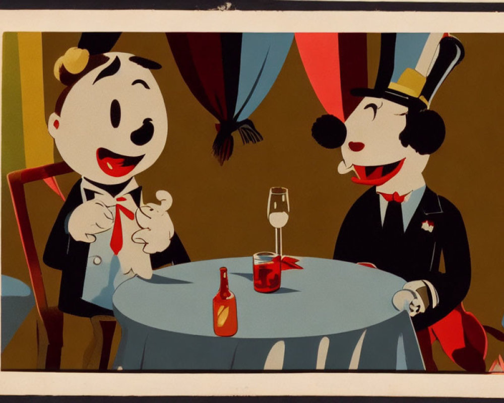 Vintage-style cartoon of two dogs in formal attire with magic wand at table.
