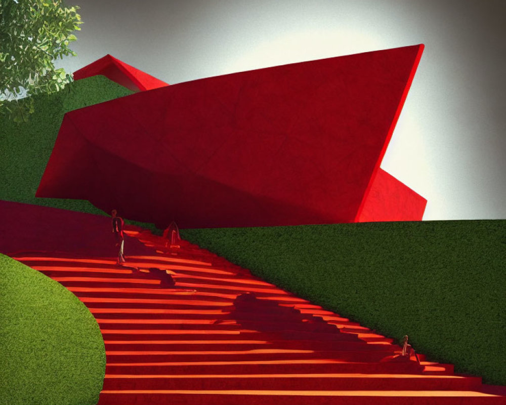 Red geometric building against green hedges with people on staircase in warm light