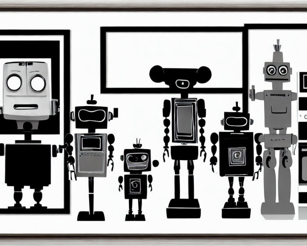 Monochrome robot sculptures in various sizes and shapes