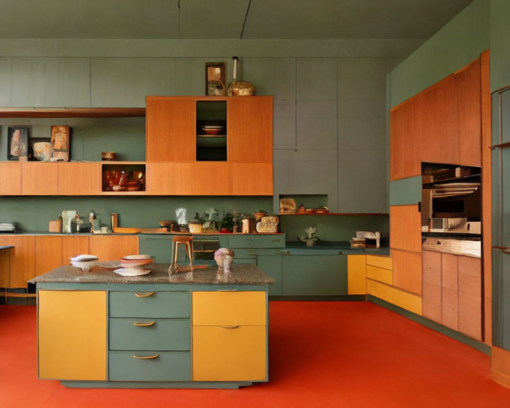 Modern Kitchen with Green Walls, Teal Cabinets, Yellow Island, Granite Countertop, and Orange