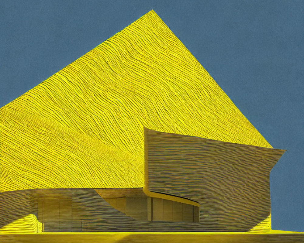 Modernist architectural structure with pyramid shape in yellow lines on blue background