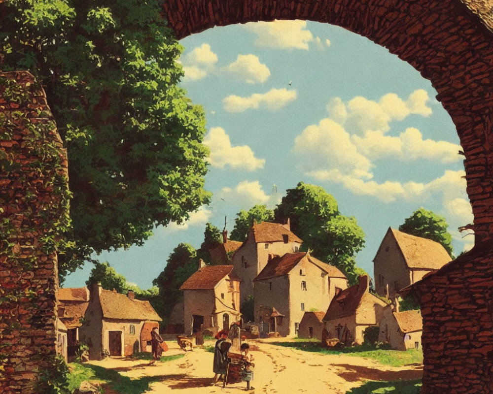 Sunlit village scene with archway, villagers, and horse-drawn cart.