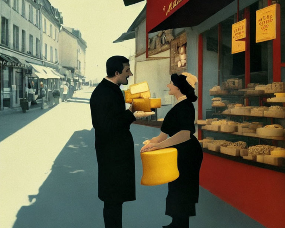 Vintage-style Illustration: Man and Woman Conversing Outside Cheese Shop
