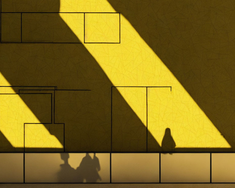 Abstract shadow pattern on textured yellow wall with geometric shapes.