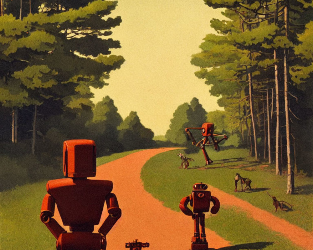 Red robot with detached hand watches another robot walking dogs in serene landscape