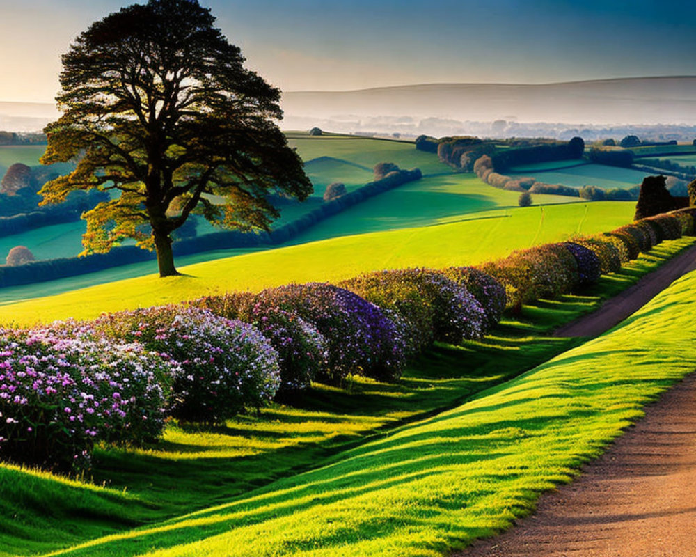 Tranquil countryside road with blooming shrubs and lone tree