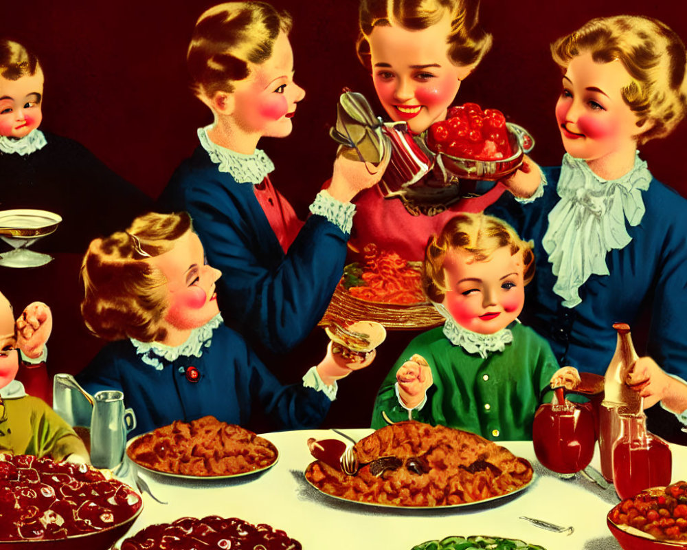Vintage Family Meal Gathering with Smiling Children and Colorful Dishes