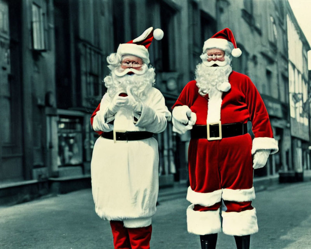 Two Santa Claus characters in white and red outfits on empty street