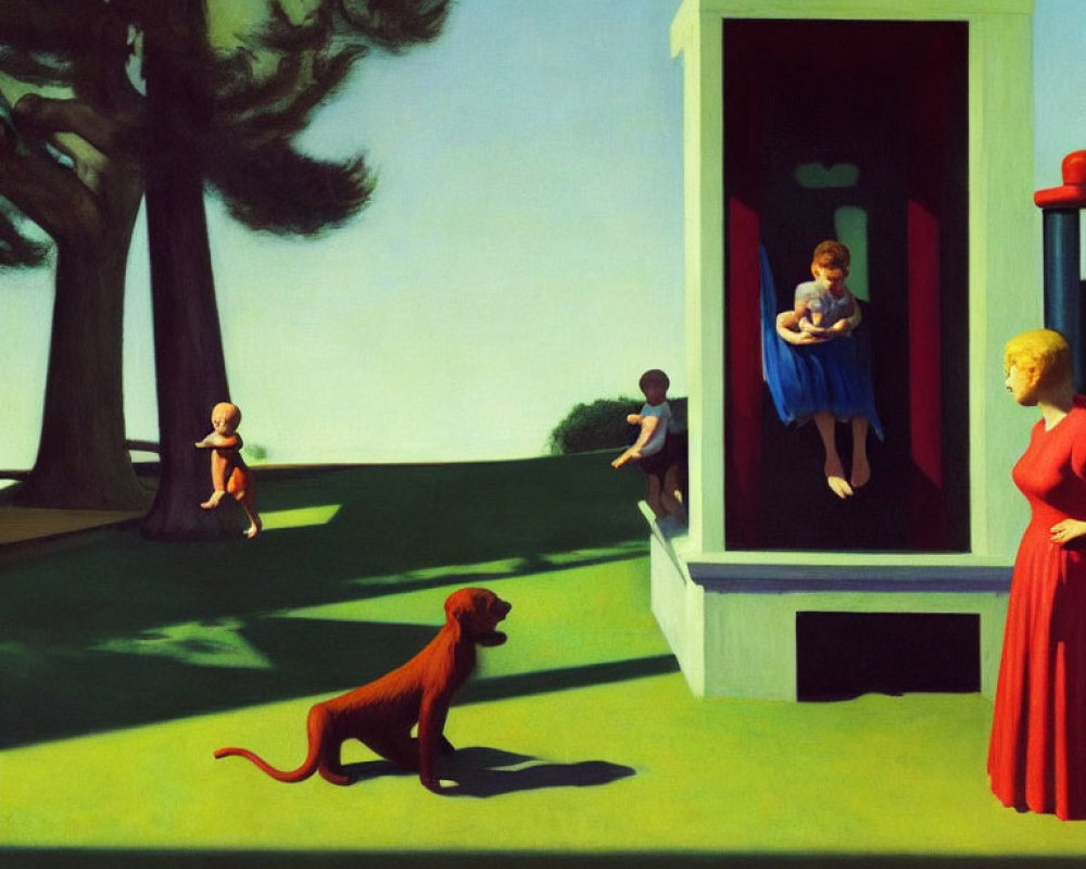 Surreal painting of woman, boy, girl, doll, and dog near open door structure under