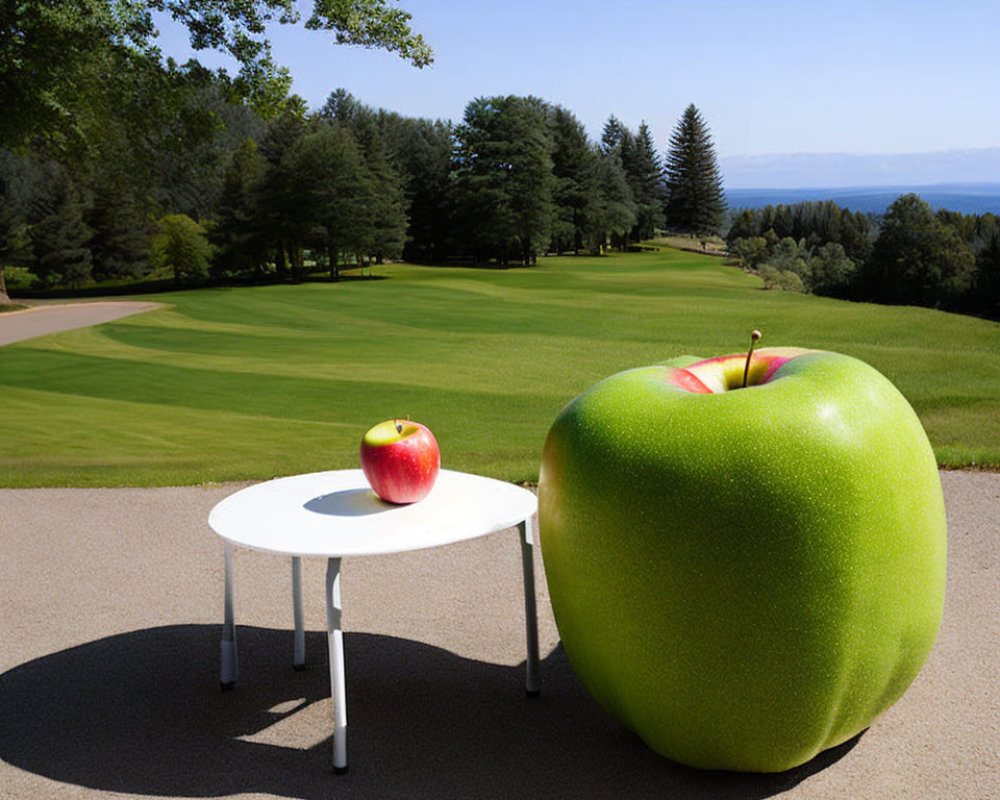 Surreal image: Giant green apple chair, small table with red apple, scenic golf course.